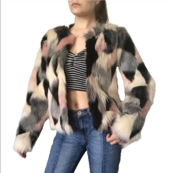 CYNTHIA ROWLEY Faux Fur Multicolor Jacket - Picture 1 of 8